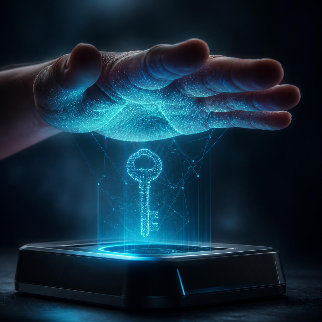 Palma da mão sendo reconhecida por um terminal biométrico e transformada em chave digital